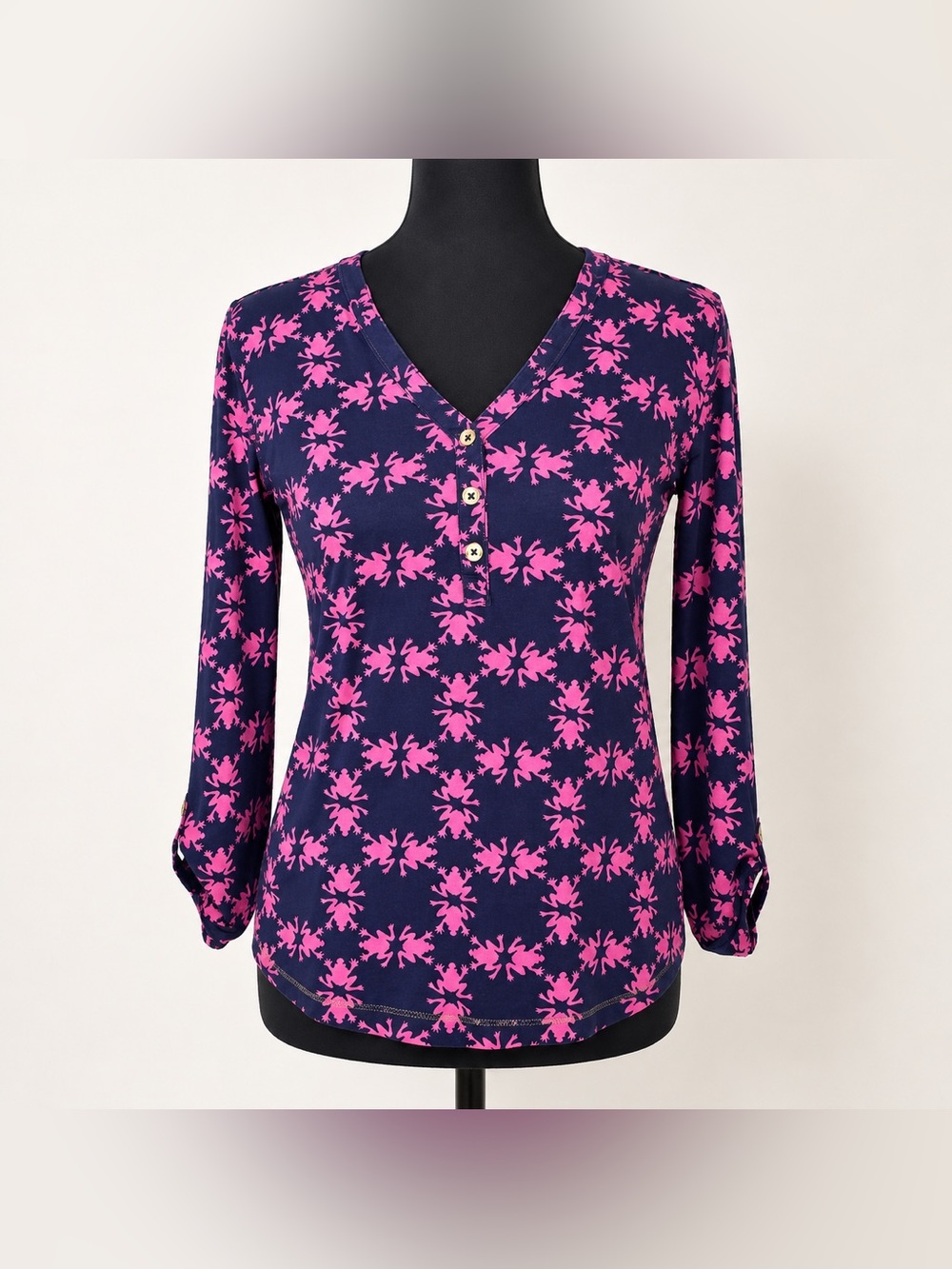 Lilly Pulitzer Henley Top Women XS Navy Pink‎ Frog Print Excellent Pima Cotton